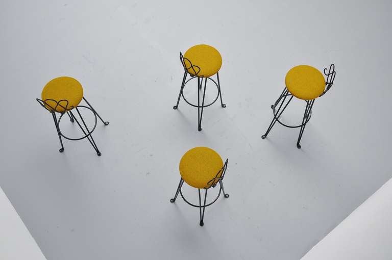 French Wrought Iron Bar Stools 1960 Attributed to Matiheu Mategot 3