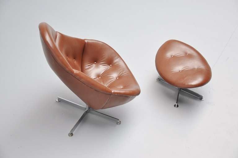 Chrome Brown leather lounge chair with footstool 1970