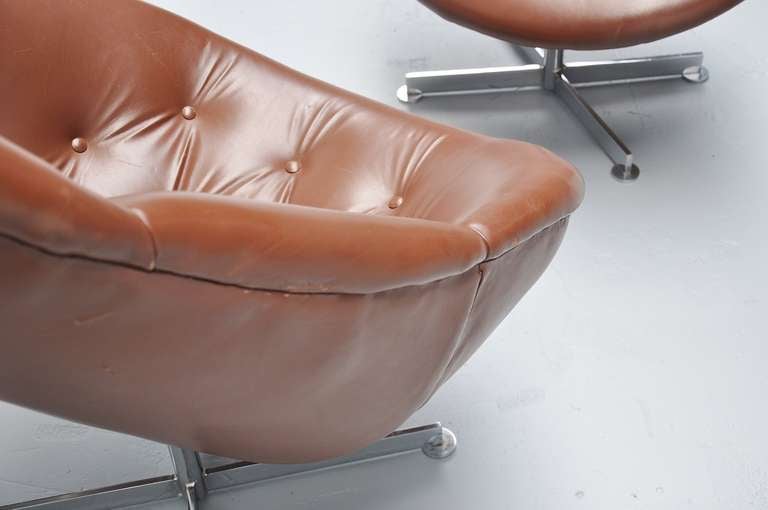 Brown leather lounge chair with footstool 1970 1