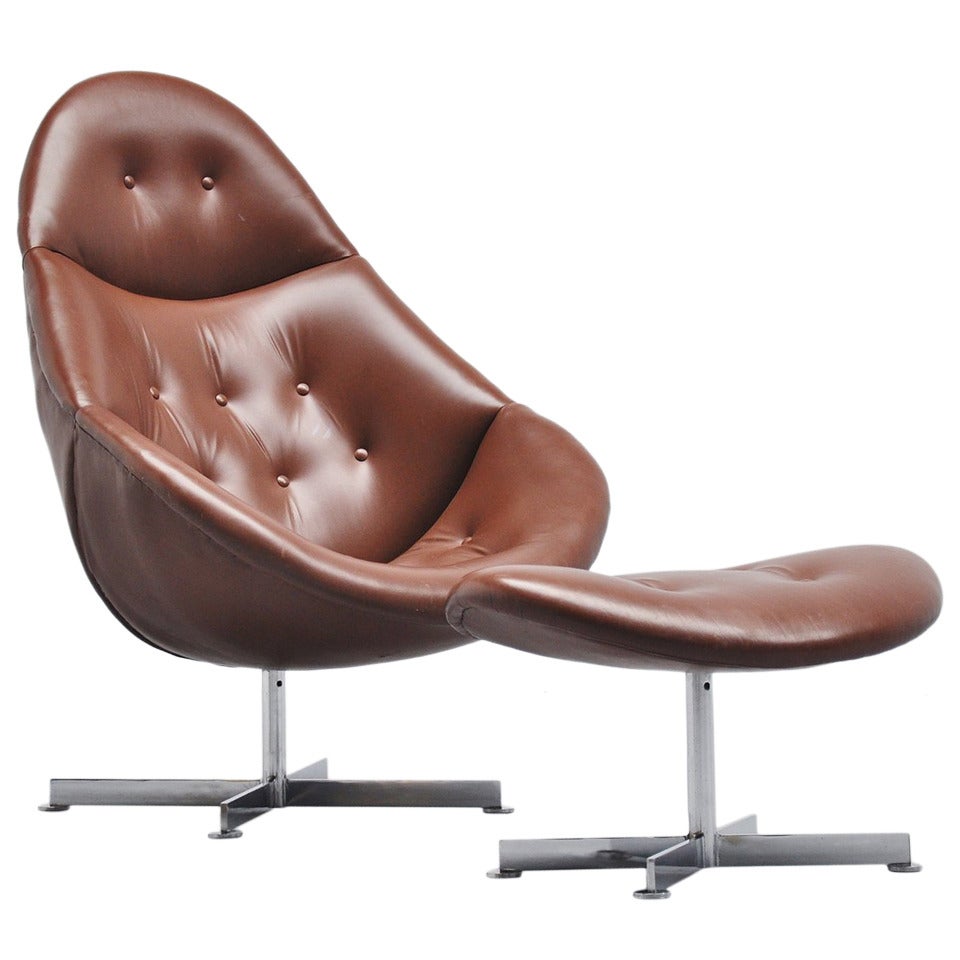Brown leather lounge chair with footstool 1970