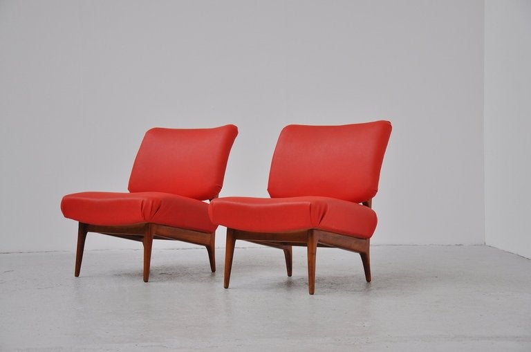 Theo Ruth Artifort teak and red vynil easy chairs 1953