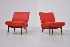 Theo Ruth Artifort teak and red vynil easy chairs 1953