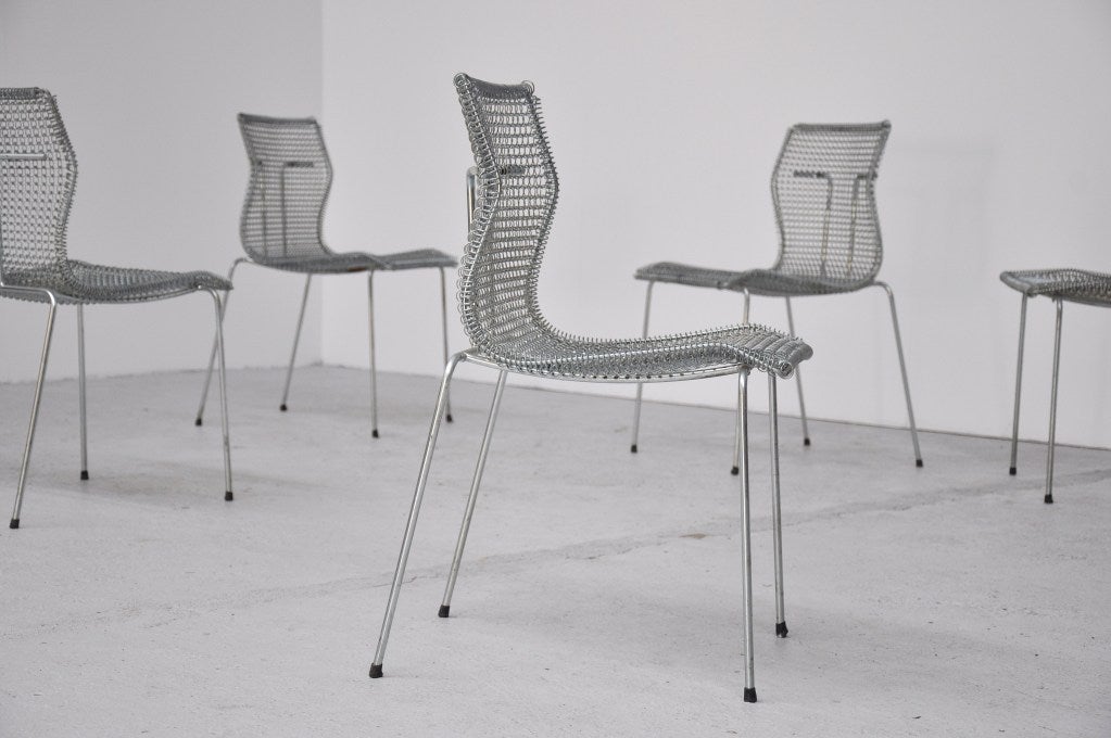 Lot of rare dining chairs degigned by Niall O'Flynn for 't Spectrum in 1997. These chairs were in the collection for only 4 years and are very hard to find. They are made of galvanised metal and have a very nice modern industrial look. Priced each.