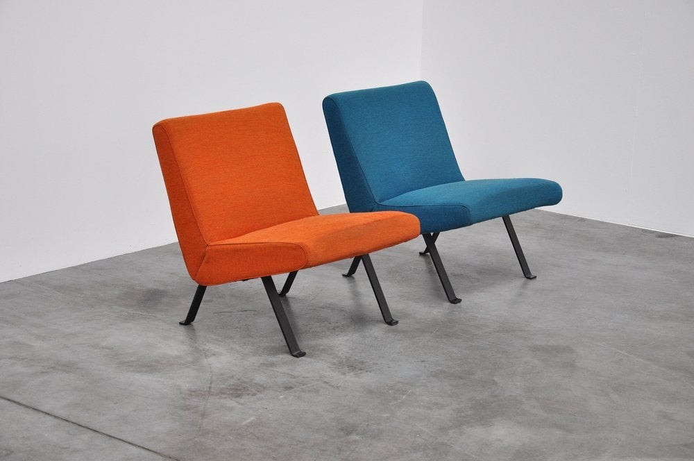 Rare pair easy chairs model 141 designed by French top designer Joseph Andre Motte for Artifort in the early period. These rare chairs are very hard to find as they are not sold much. Artifort had a license to produces these chairs in Holland. Both