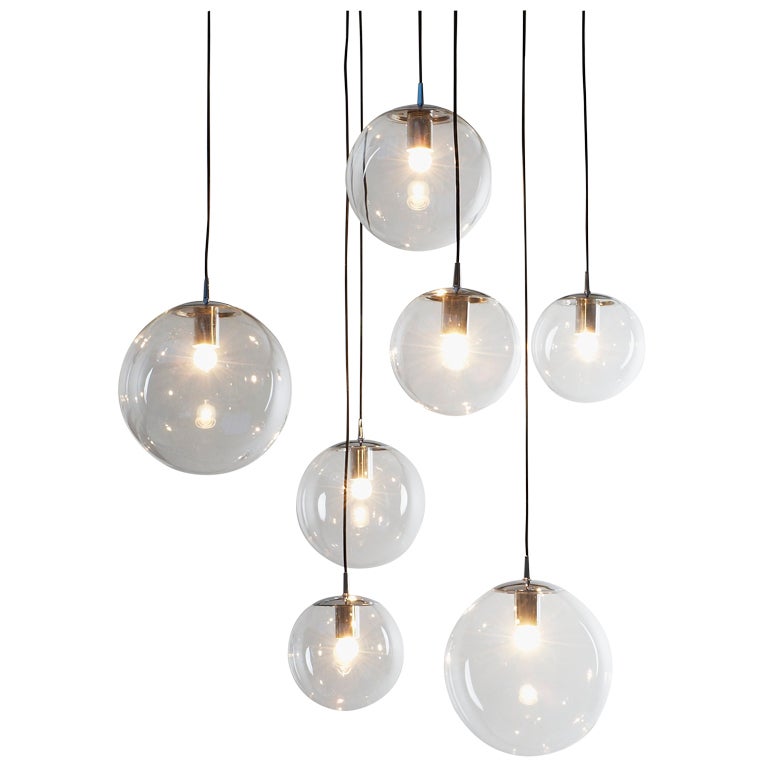 Large glass bulb chandelier with 7 bulbs, chrome details at 1stdibs