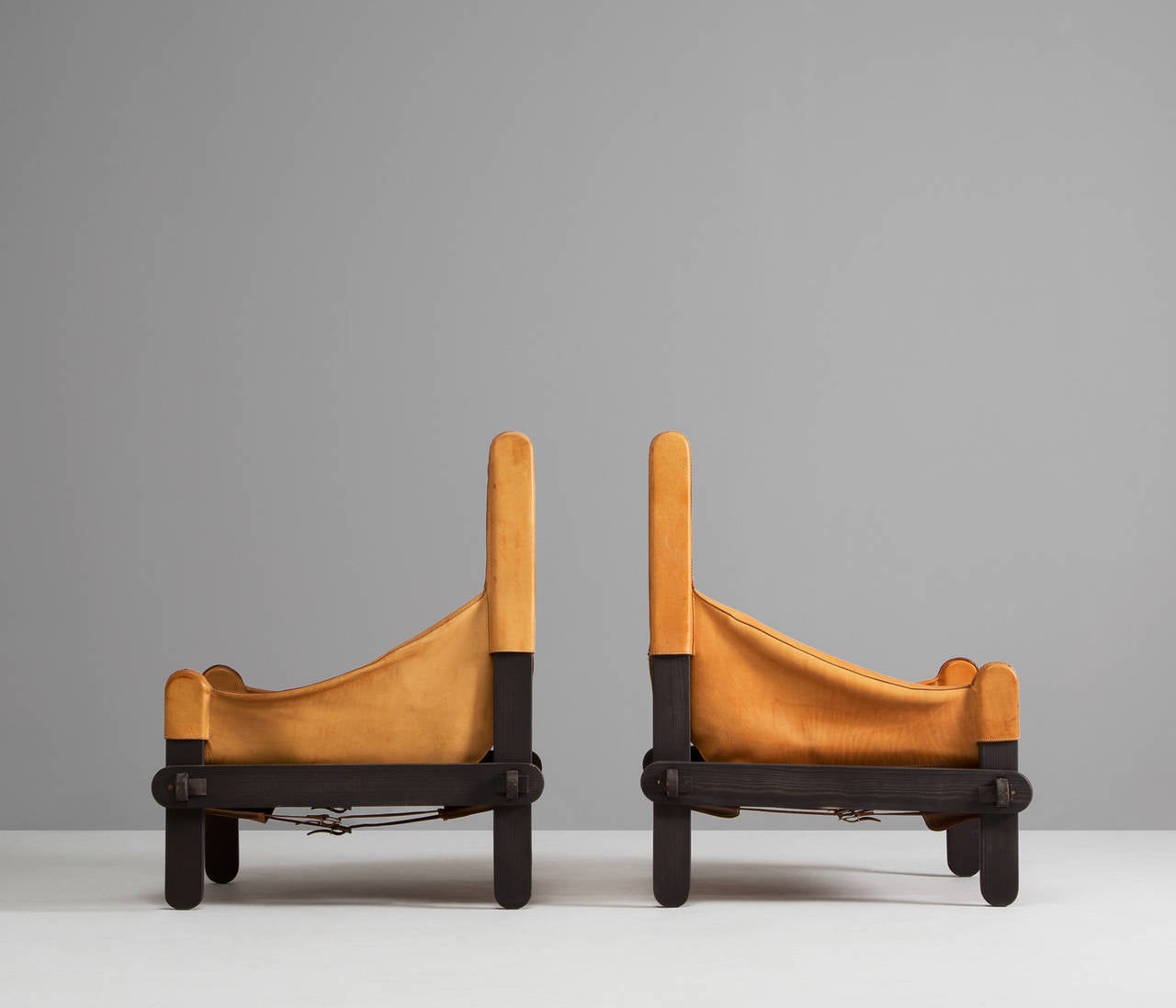 Mid-Century Modern French Cognac Leather Pair of Easy Chairs