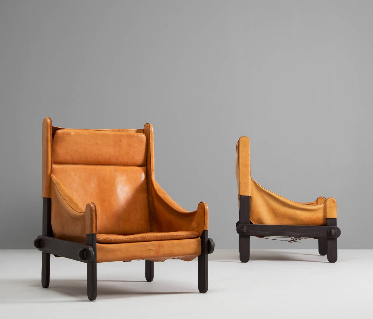 European French Cognac Leather Pair of Easy Chairs