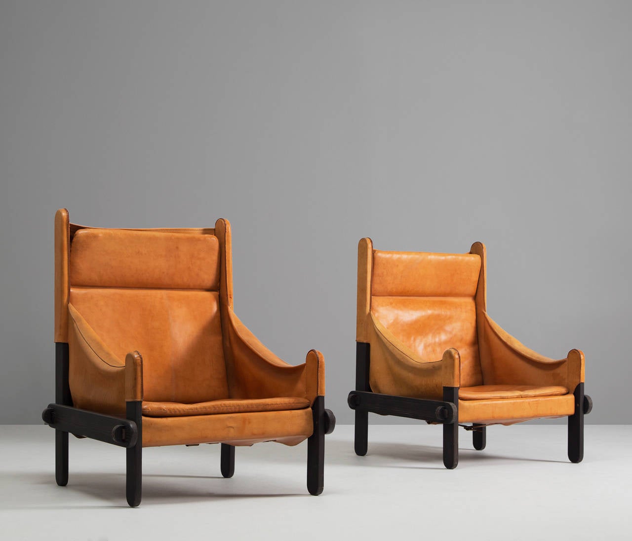Mid-20th Century French Cognac Leather Pair of Easy Chairs