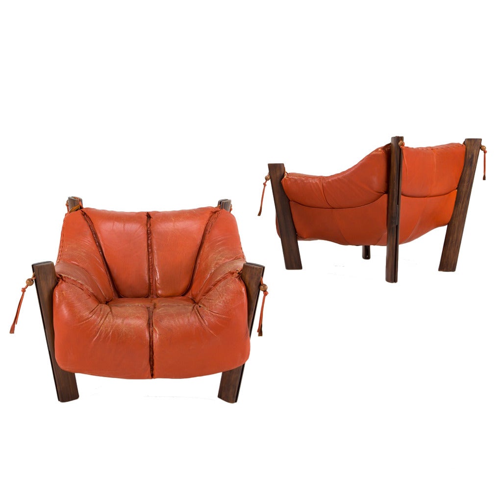 Percival Lafer Rare Pair of Brazilian Lounge Chairs in Orange Leather