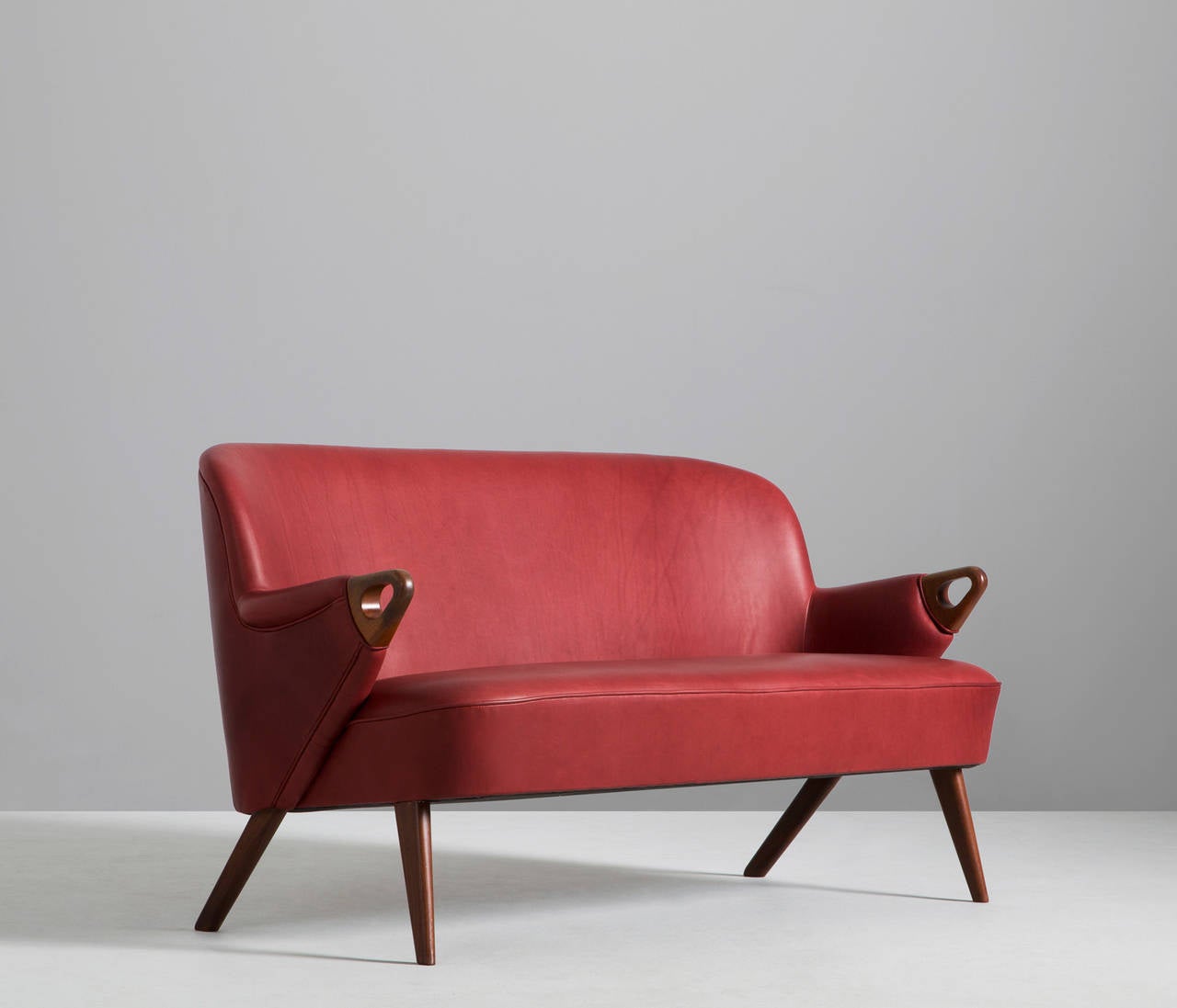 Scandinavian Modern Danish Designed Sofa Reupholstered in Red Leather