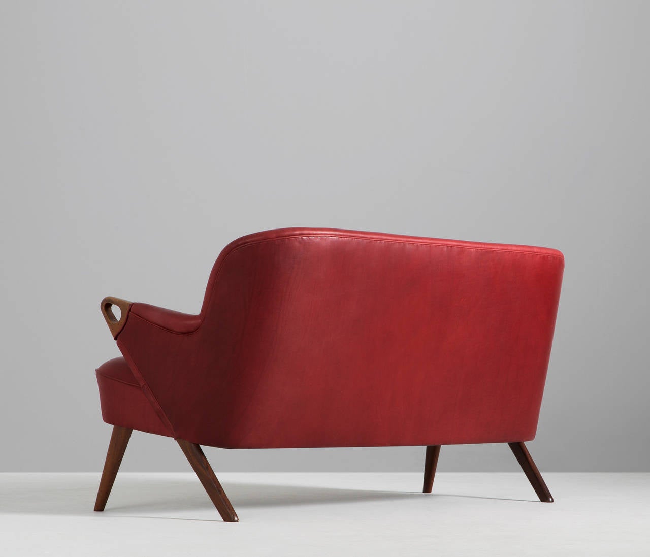 Woodwork Danish Designed Sofa Reupholstered in Red Leather