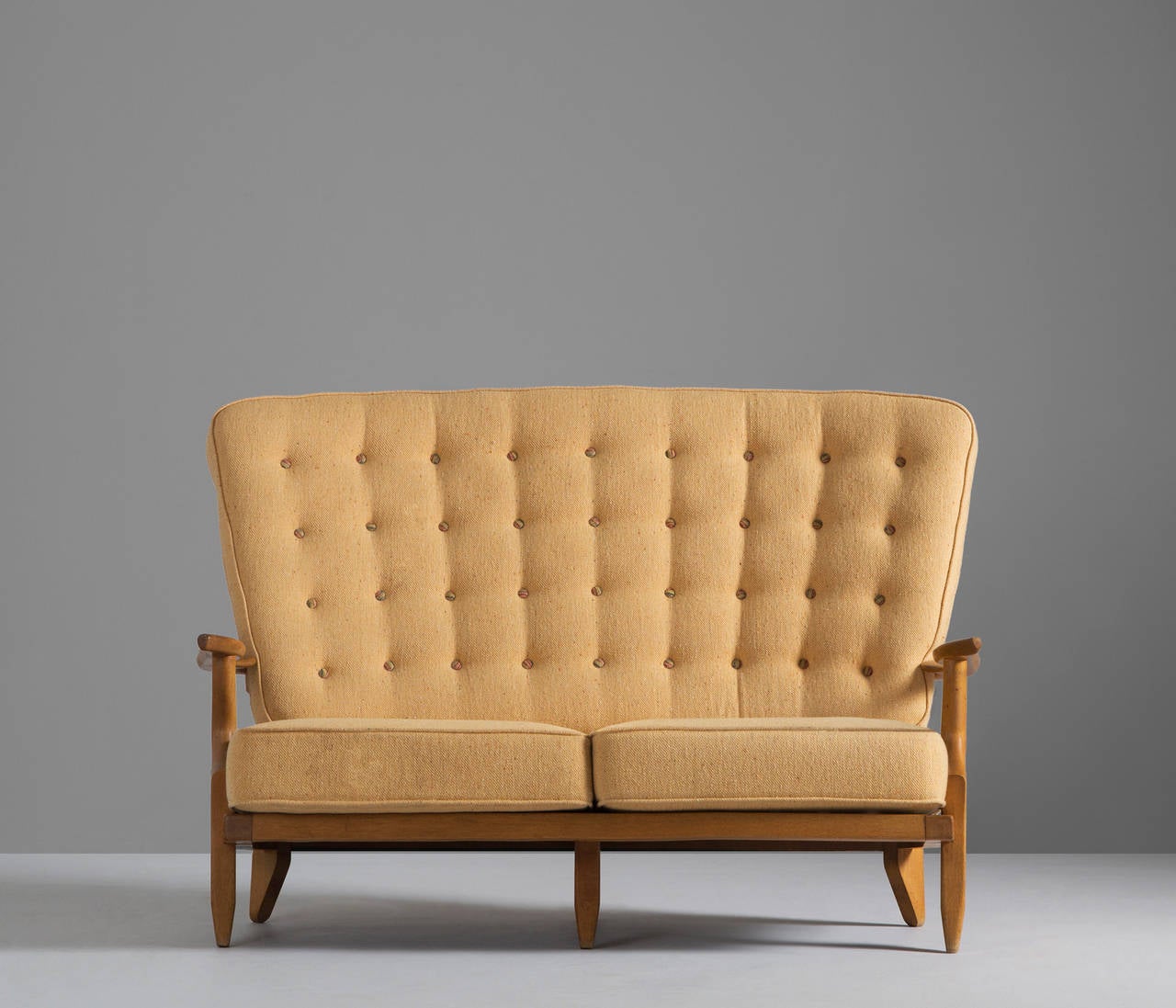 Extraordinary high back sofa in it's original upholstery by French designers Guillerme et Chambron. 

The sofa shows a variety of stunning shapes and well design lines, such as the armrest and the elegant bars in the back the