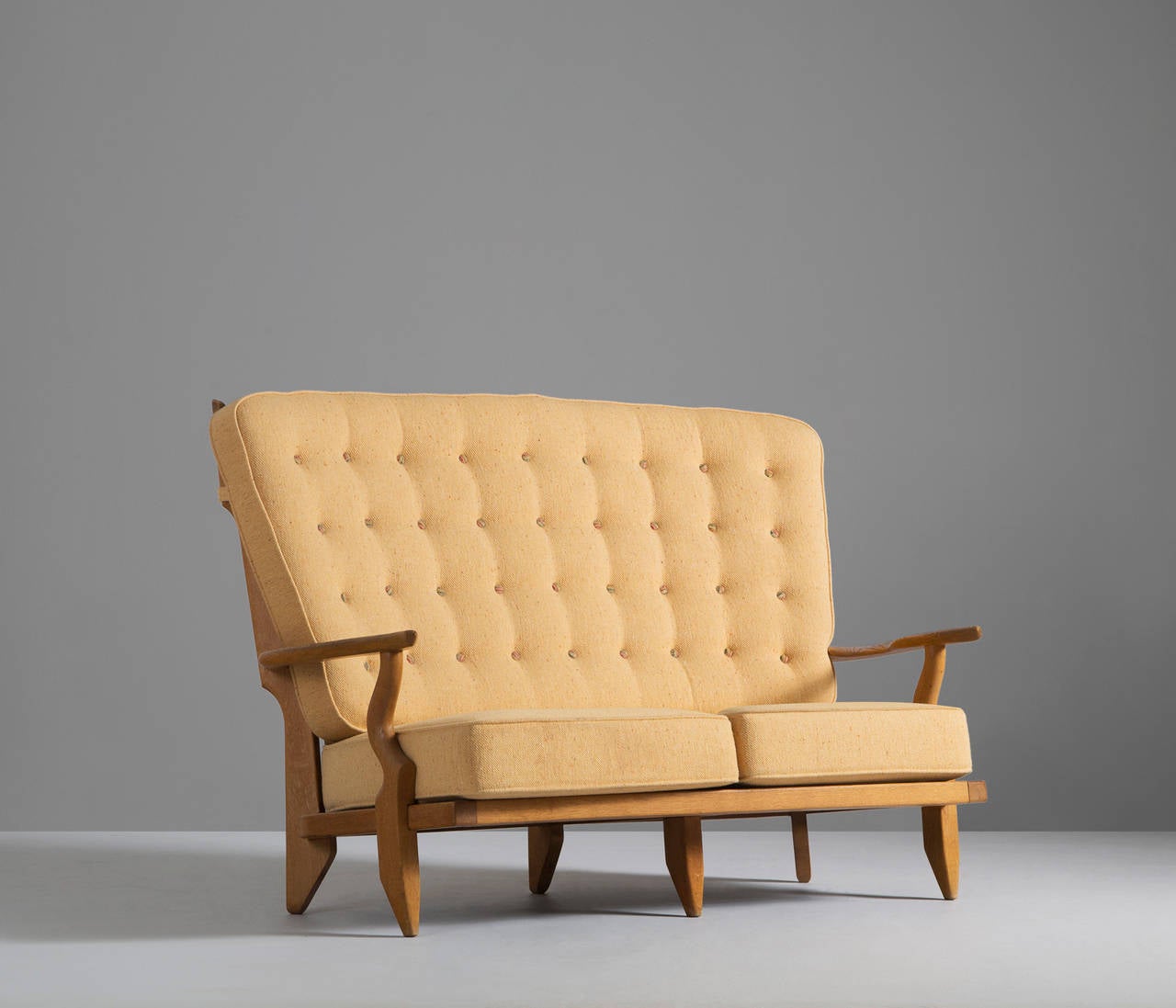 Mid-Century Modern High-Back Sofa in Solid Oak by Guillerme Et Chambron