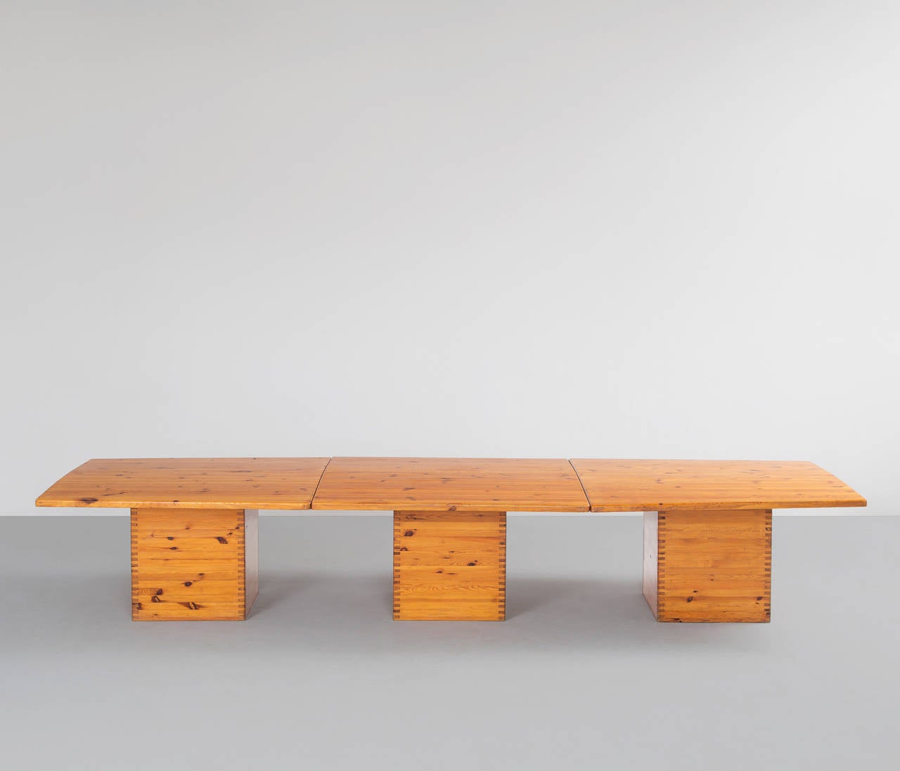 Group of Three Tables in pine by Ilmari Tapiovaara, Finland, 1950s.
 
The three tables assembled create a single, very large table in solid pine designed in the 1950s by Ilmari Tapiovaara. The table shows a breathtaking quality and has a very