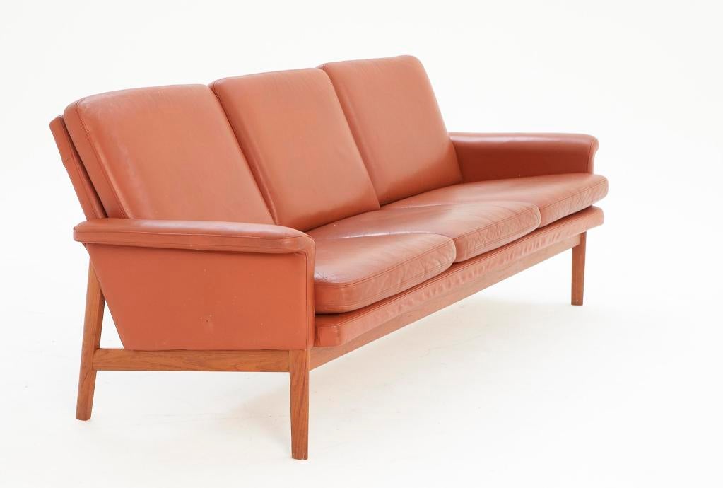 Mid-20th Century Finn Juhl 3 seater sofa with 'rusty' orange leather and teak
