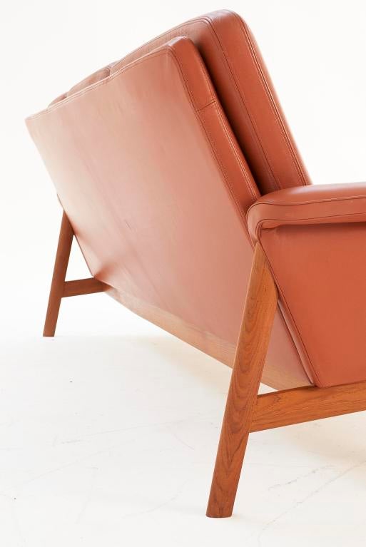 Finn Juhl 3 seater sofa with 'rusty' orange leather and teak 2