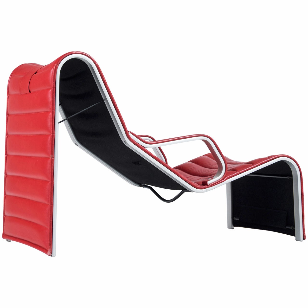 Very Comfortable Chaise Longue in Aluminum and Red Leather Upholstery