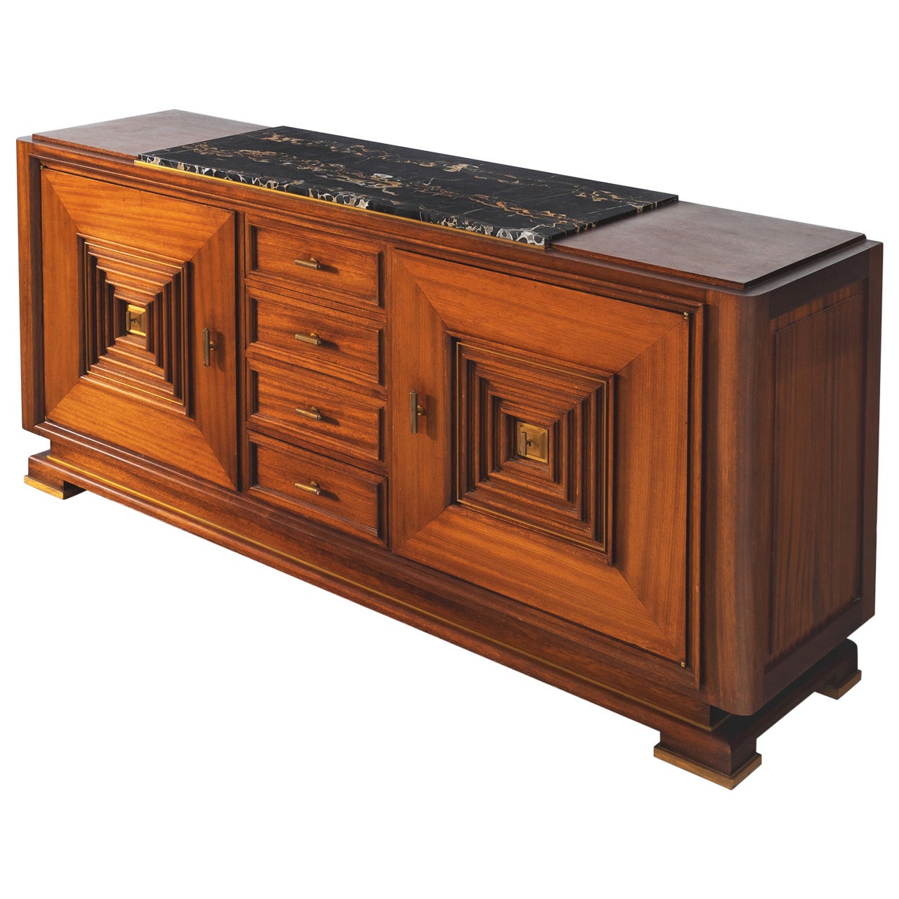 Art Deco Credenza in Mahogany and Walnut with Marble Top
