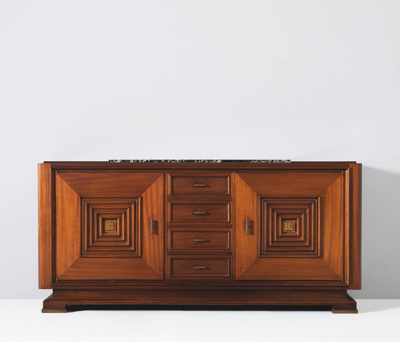 French Art Deco Credenza in Mahogany and Walnut with Marble Top