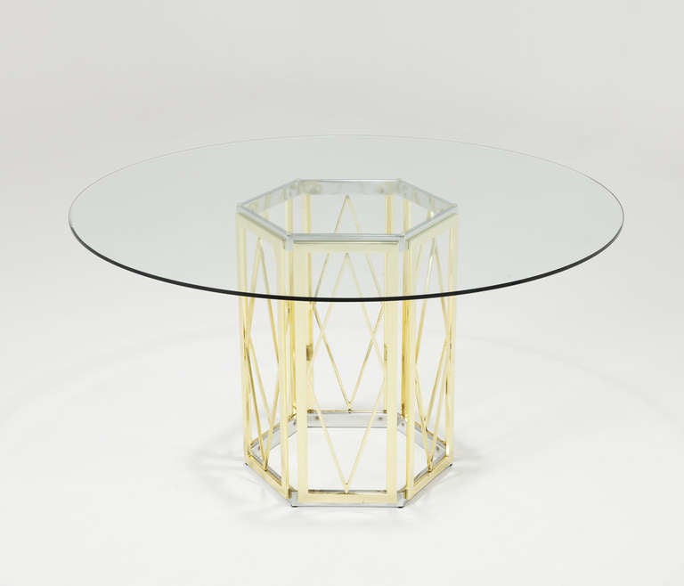 Sculptural Italian Brass And Chrome Pedestal Table With Round Glass Top 1