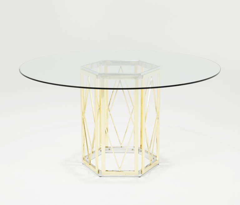 Late 20th Century Sculptural Italian Brass And Chrome Pedestal Table With Round Glass Top