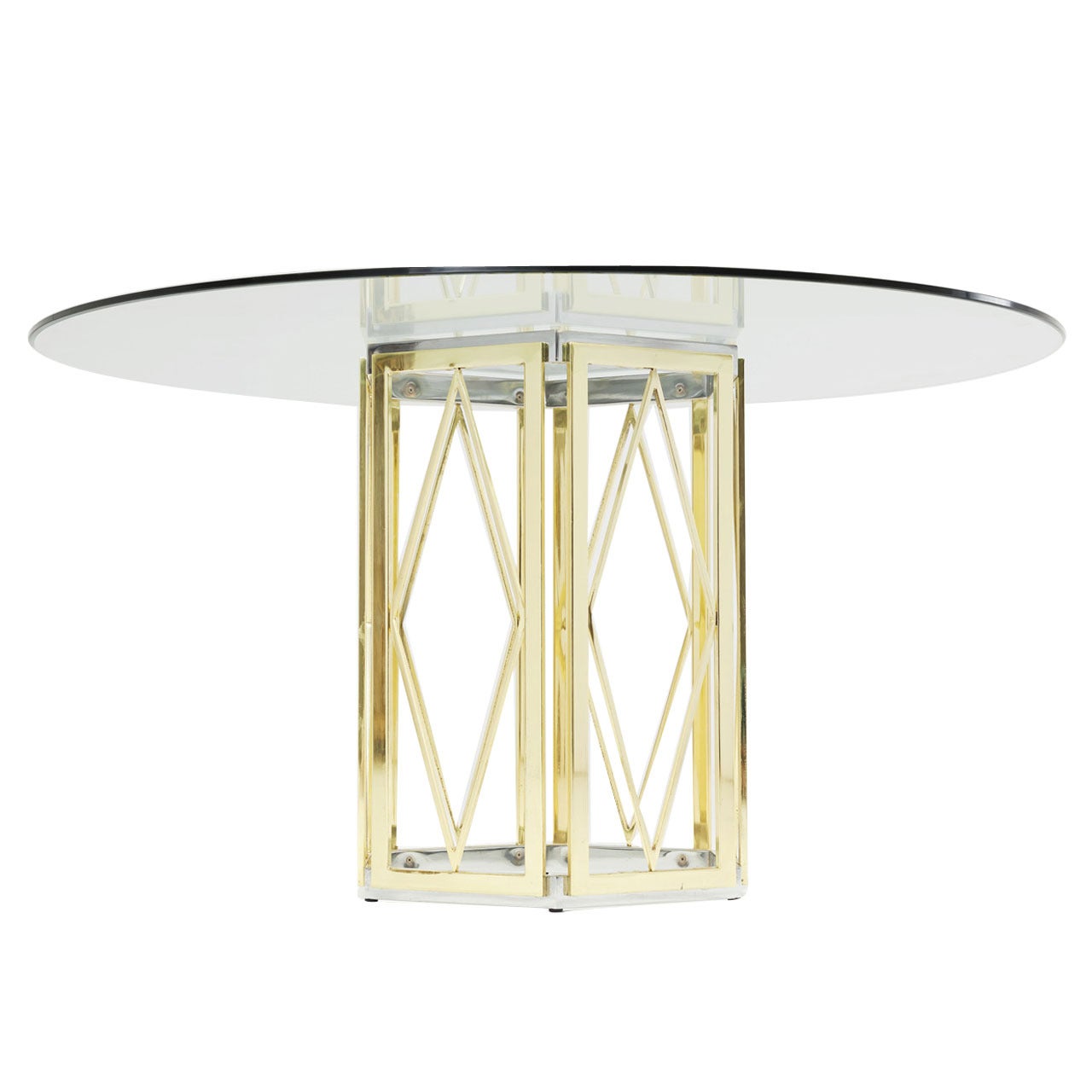 Sculptural Italian Brass And Chrome Pedestal Table With Round Glass Top