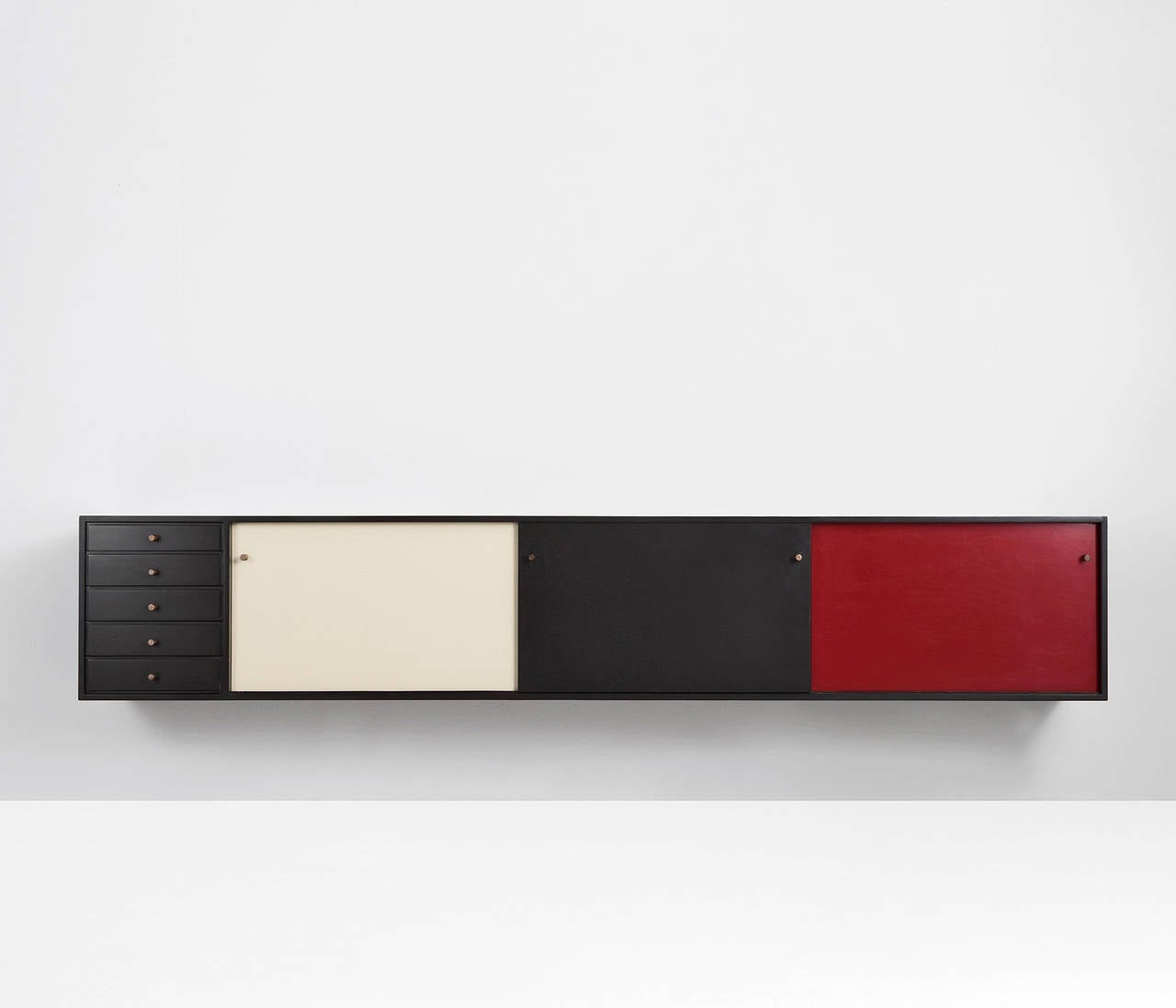 Extreme large wall-mounted sideboard by Jos De Mey, Belgium, 1970s.

Very well-made long sideboard from lacquered wood and very defined wooden details. The minimalistic grips are a great addition with the contrast colors of the separate doors,