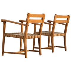 Set of Armchairs in Solid Oak an Canvas Upholstery