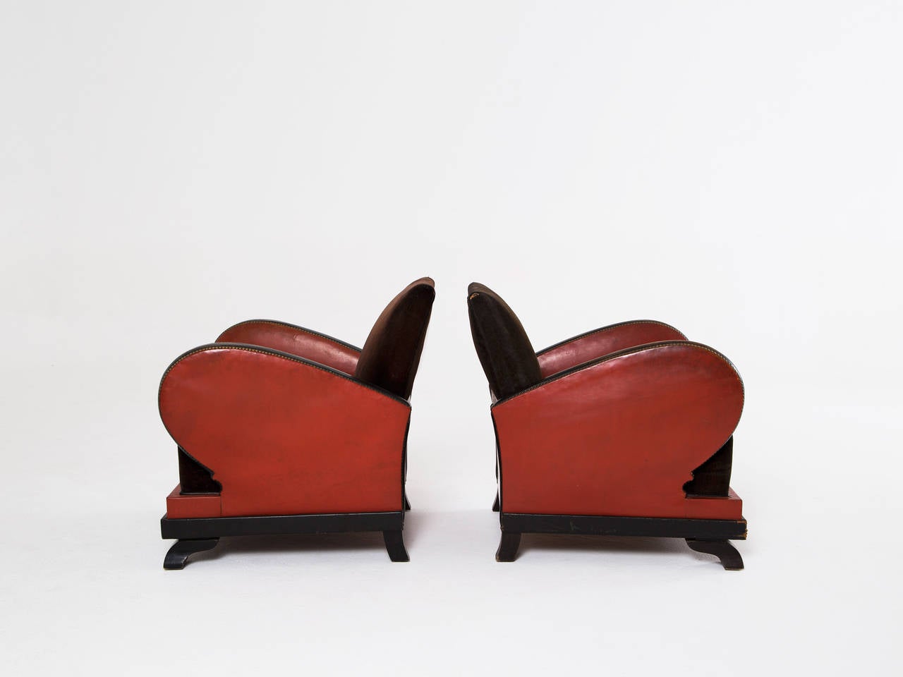 French Set of 2 Red and Black Art Deco Club Chairs