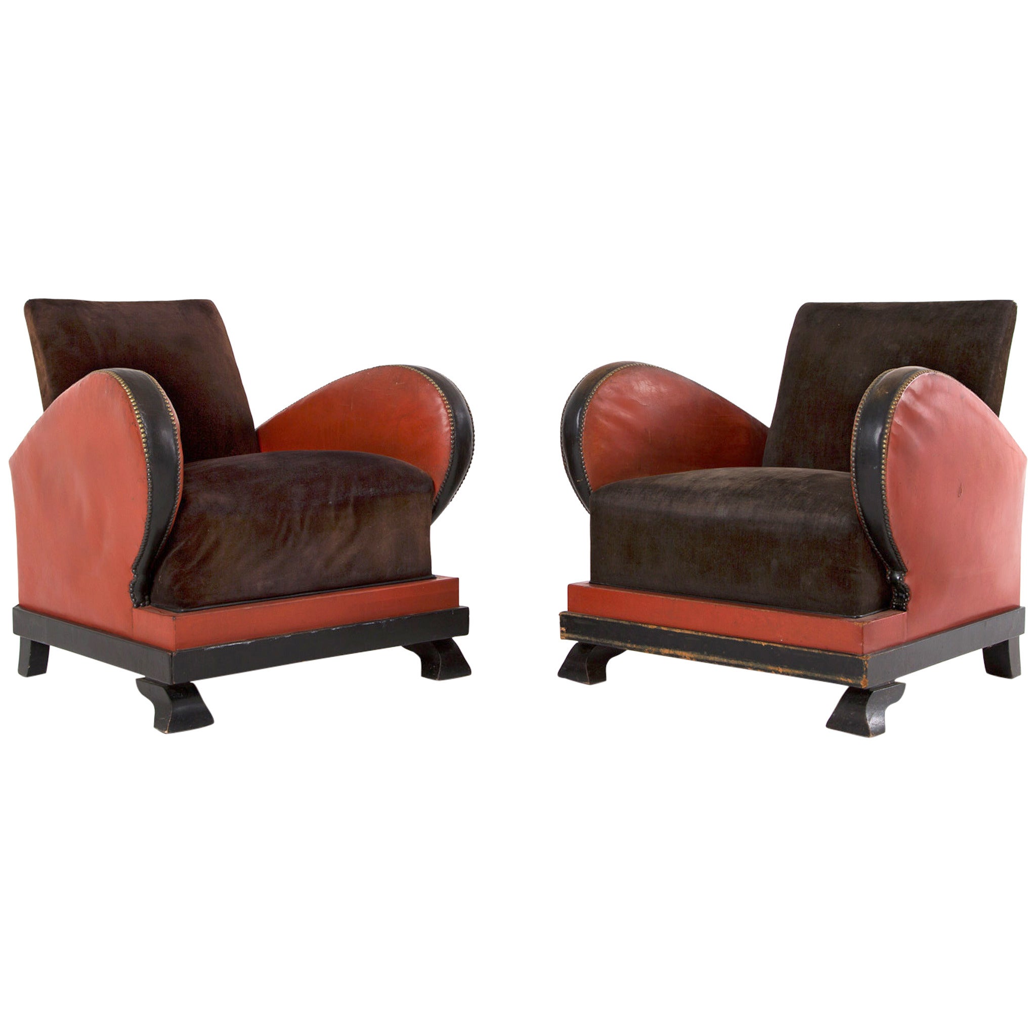 Set of 2 Red and Black Art Deco Club Chairs