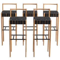Retro Set of Five Bar Stools in Oak and Canvas