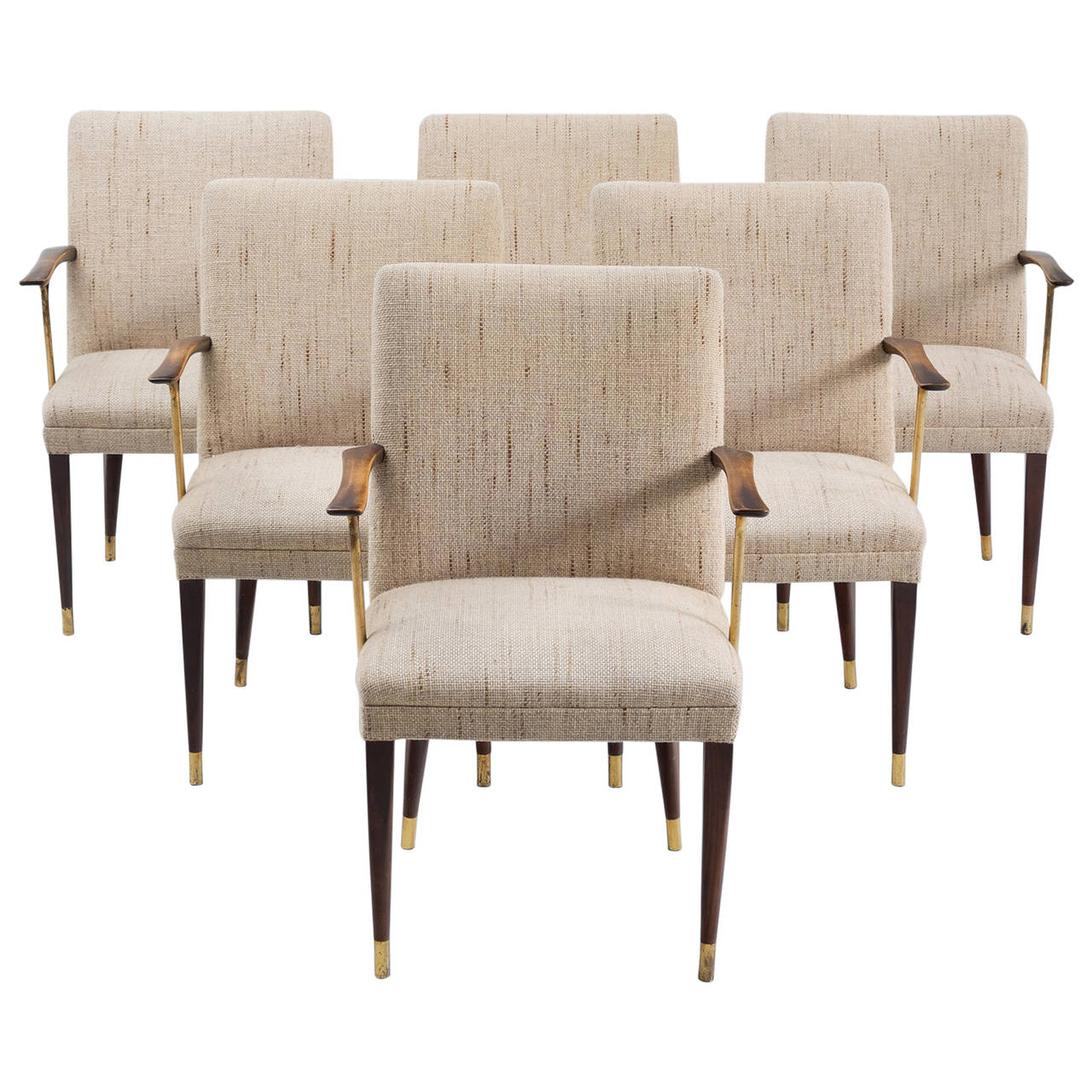 Set of Six Dining Chairs with Wooden Armrests and Brass Details at 1stDibs