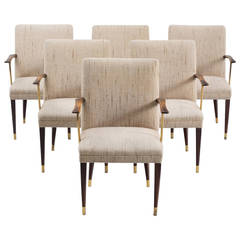 Set of Six Dining Chairs with Wooden Armrests and Brass Details