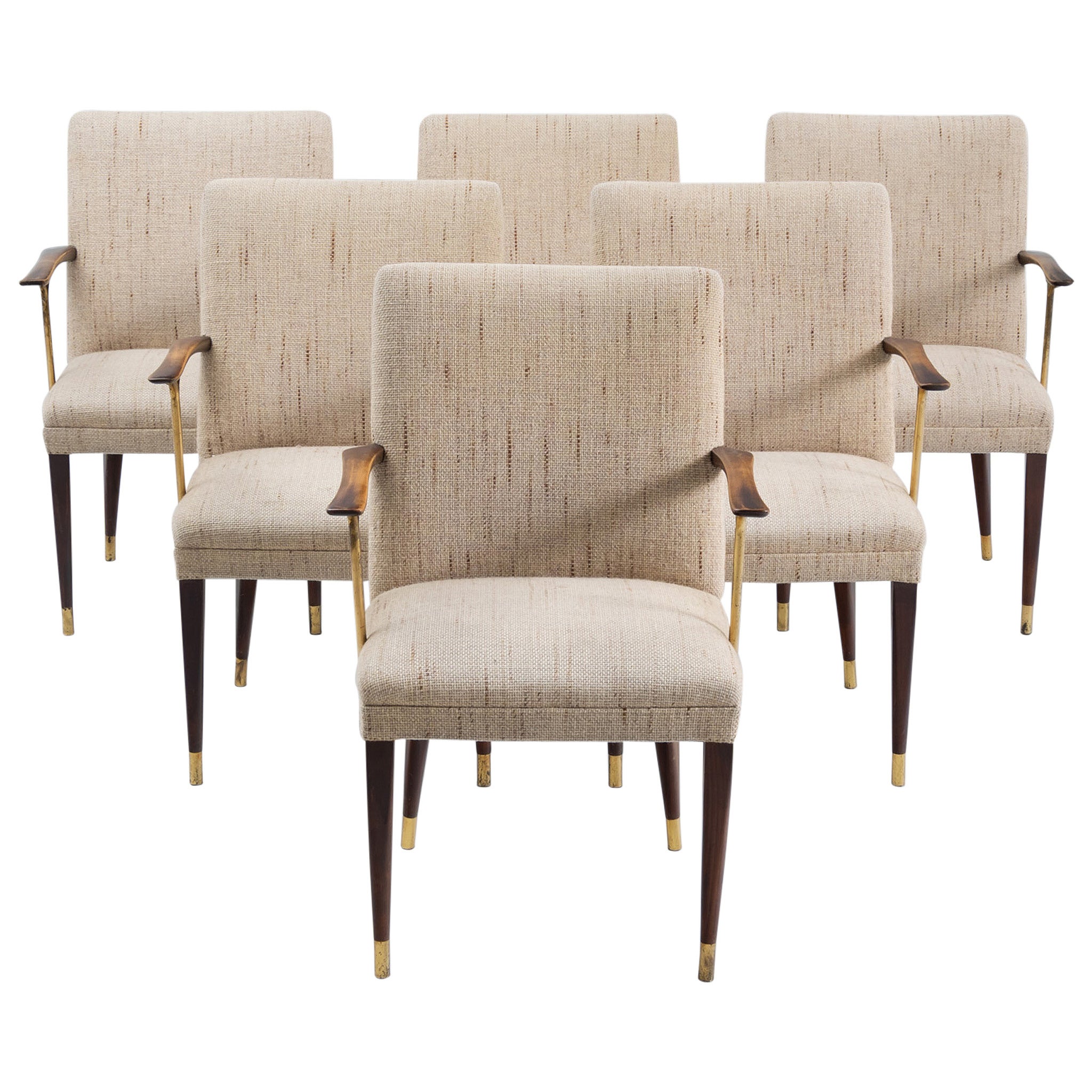 Set of Six Dining Chairs with Wooden Armrests and Brass Details