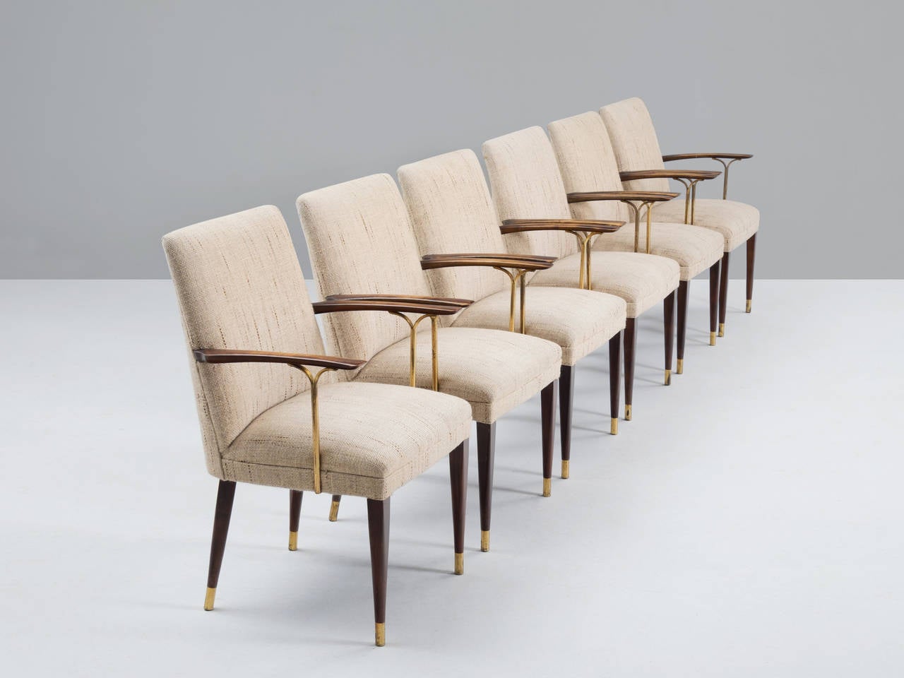 Italian Set of Six Dining Chairs with Wooden Armrests and Brass Details
