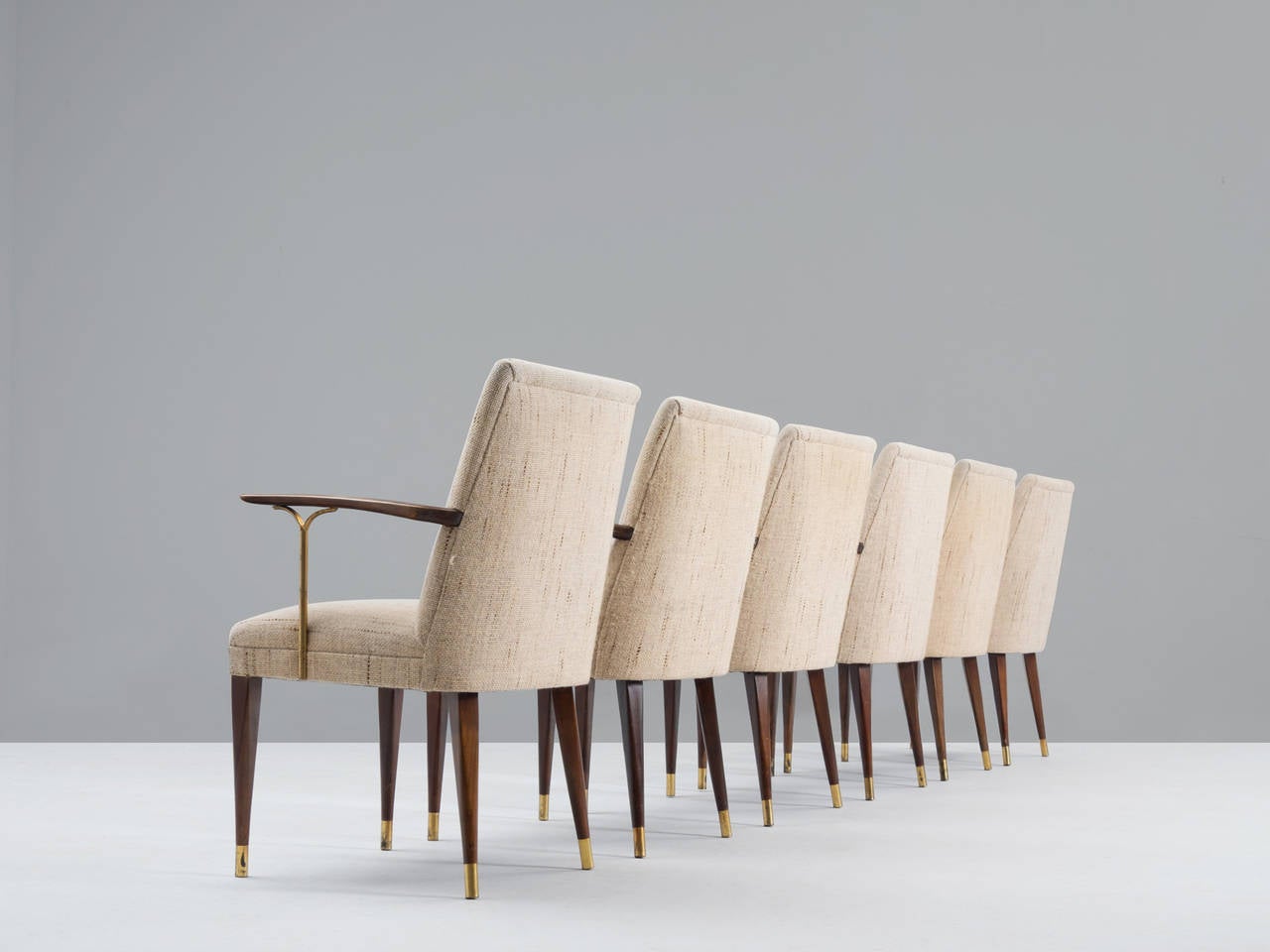 Mid-Century Modern Set of Six Dining Chairs with Wooden Armrests and Brass Details