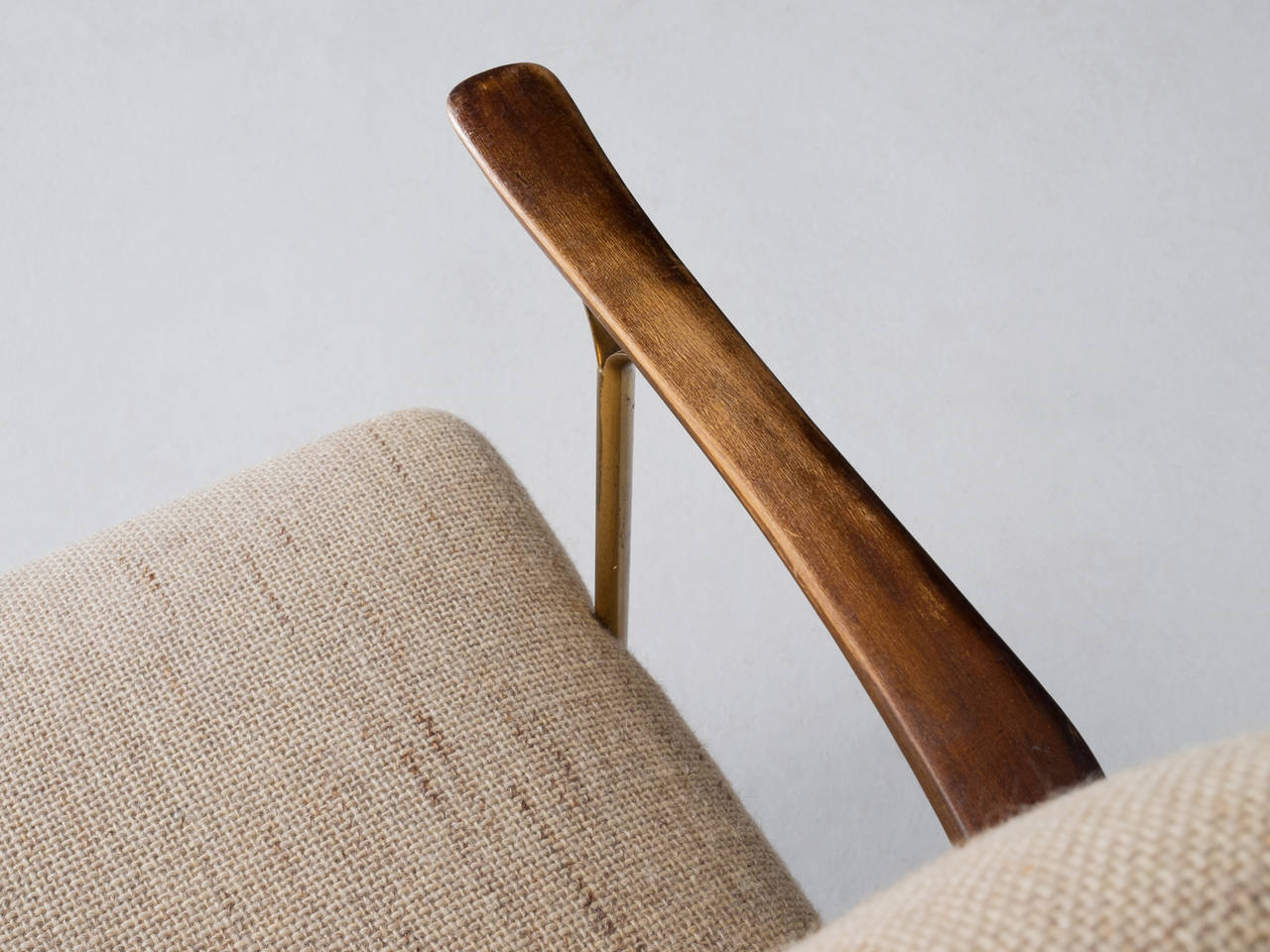 Mid-20th Century Set of Six Dining Chairs with Wooden Armrests and Brass Details