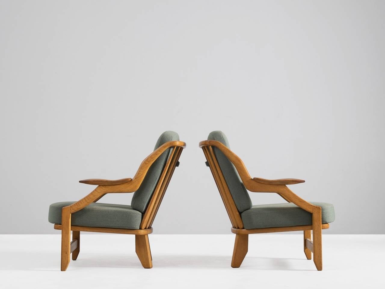French Pair of slat back lounge chairs by Guillerme & Chambron