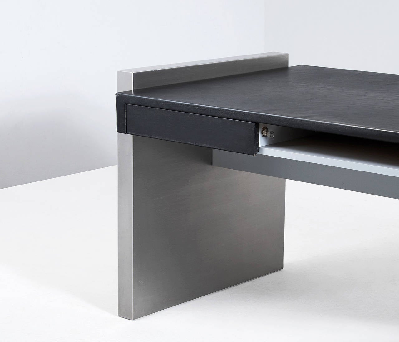 Belgian Minimalistic Steel and Leather Desk, France, 1970s