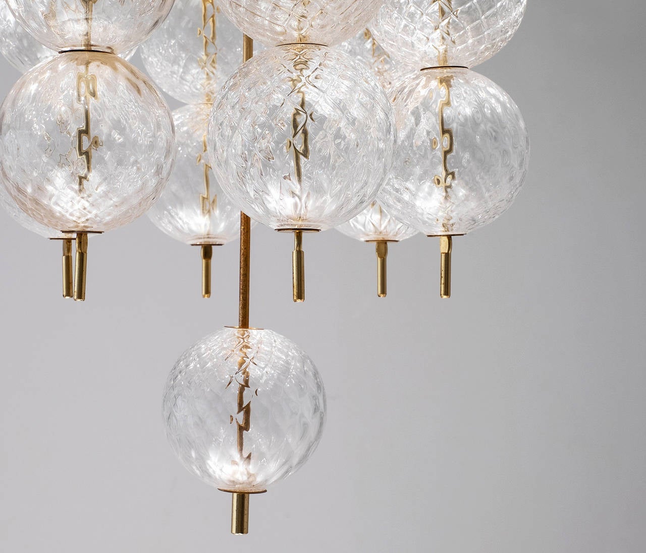 Mid-Century Modern Large Chandelier with Brass and Glass Bulbs