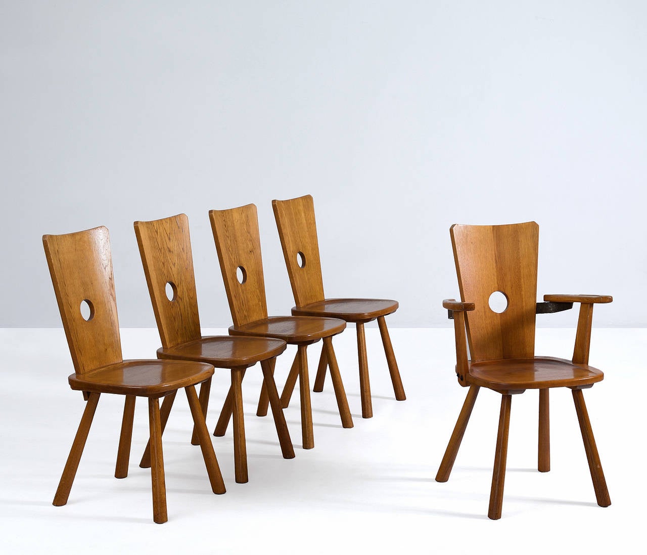 Dutch Set of Five Solid Oak Dining Chairs