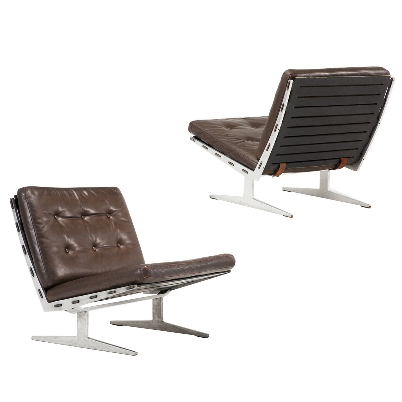 Pair of brown leather slipper chairs with aluminum frame