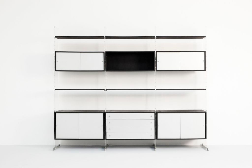 Cabinet, in wood, aluminum and lucite, by Poul Norreklit, Denmark, 1970s. 

Very rare freestanding wall unit designed by Poul Nørreklit. This Danish designed and produced wall unit almost unique in his kind and for the time that is was designed