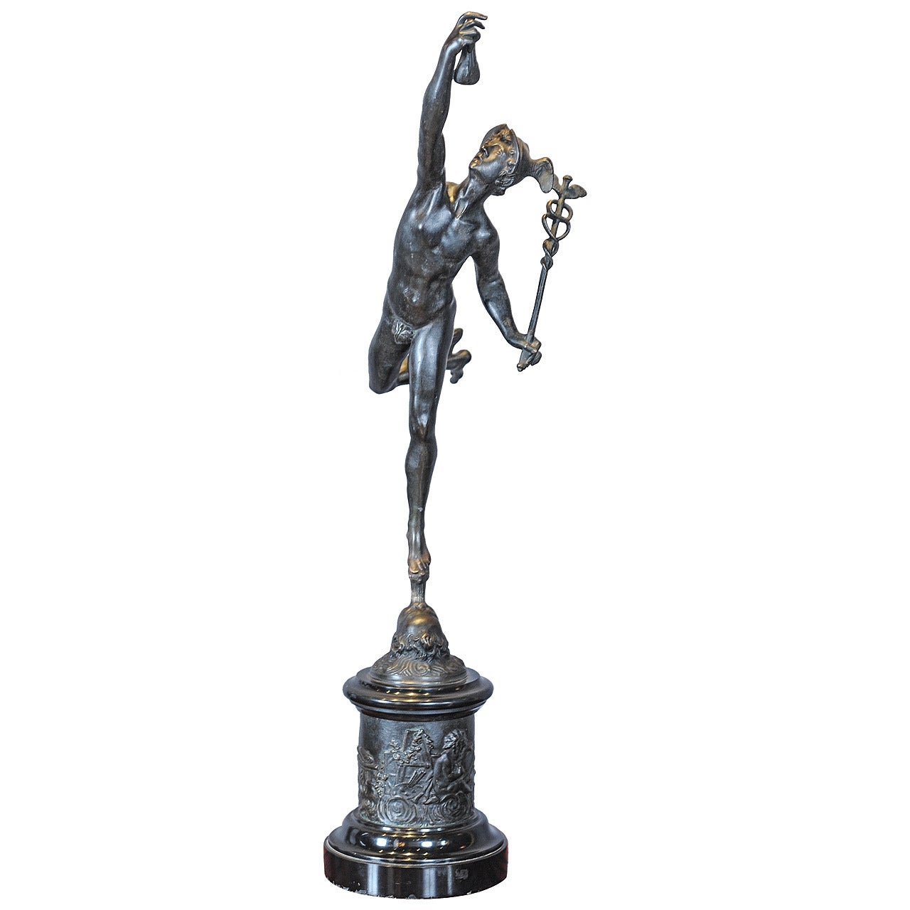 A large patinated bronze sculpture of Hermes / Mercury after Giambogna