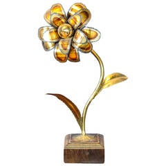 Small 1960s Maison Jansen Brass Flower Table Lamp on a Wooden Base
