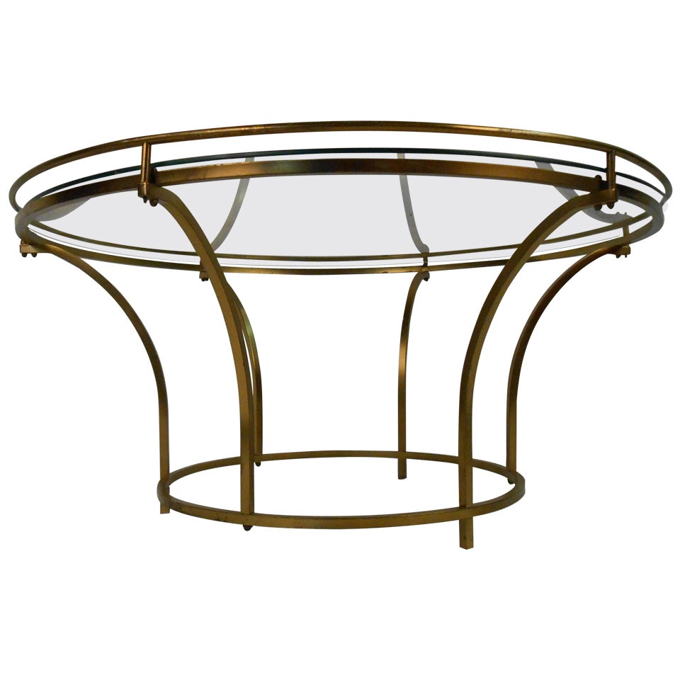 Mid-Century Round Brass Frame Coffee Table For Sale