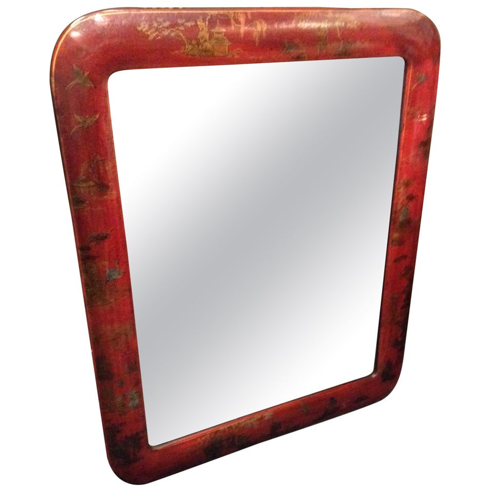 Pair of Red Leather Chinoiserie Bevelled Mirrors For Sale