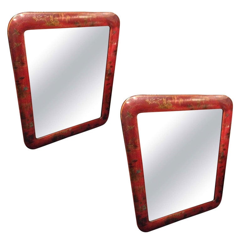 Pair of Red Leather Chinoiserie Bevelled Mirrors For Sale at 1stDibs