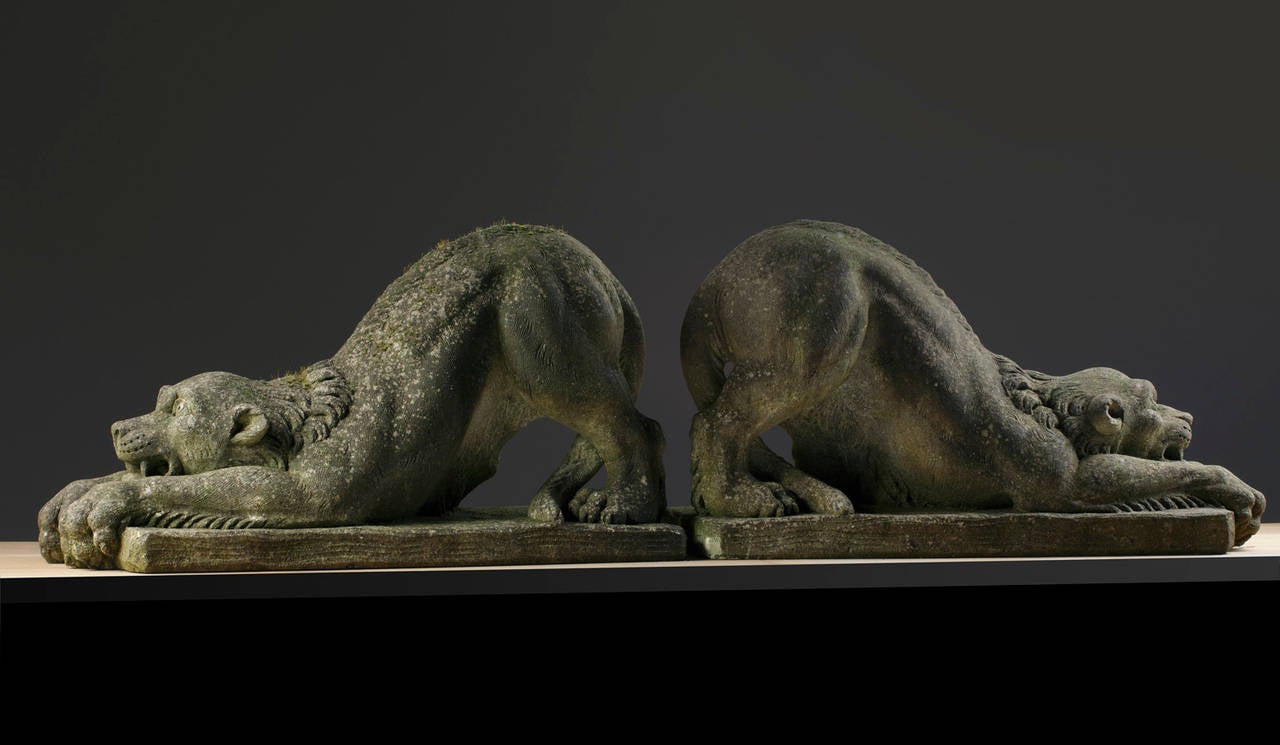 European Pair of Continental Sculpted Limestone Models of Lions