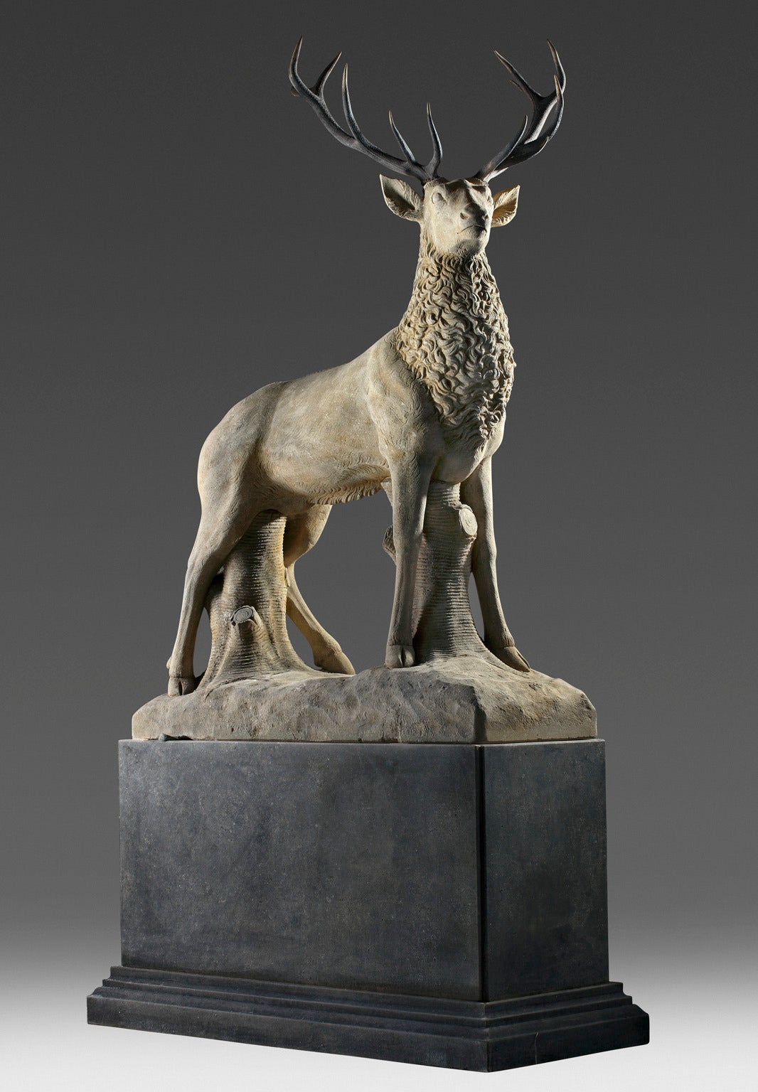 Carved Large Sculpted Limestone and Antler Mounted Model of a Stag